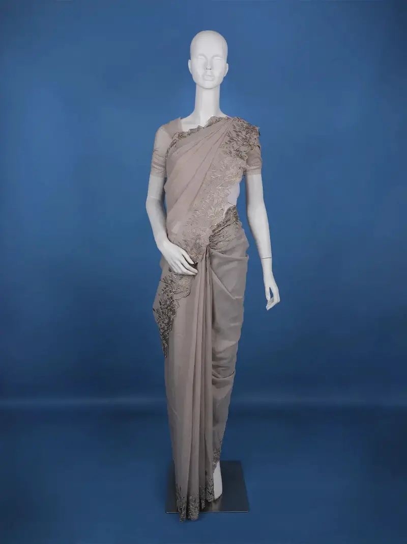 Light Brown Solid Design Tissue Saree With Scalloped Floral Embroidered Border 2