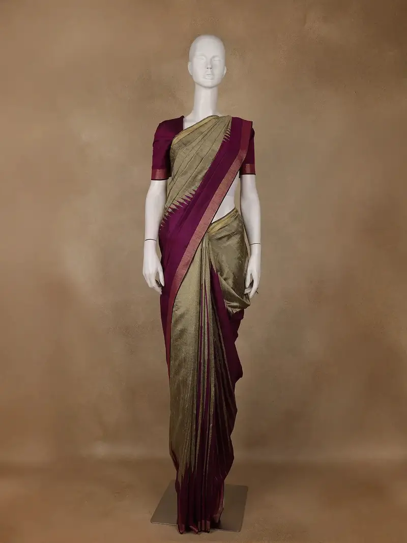 Light Brown Solid Design Tussar Silk Saree With Purple Contrast Border 1