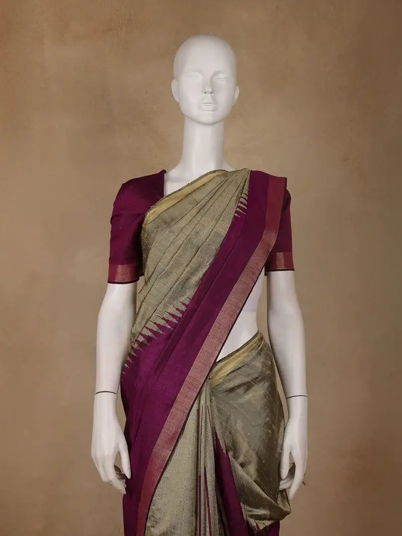 Light Brown Solid Design Tussar Silk Saree With Purple Contrast Border 2