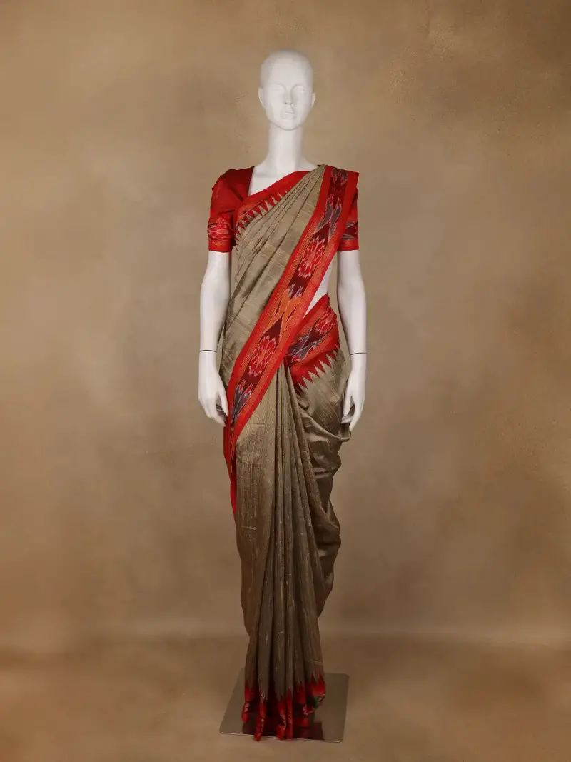 Light Brown Solid Design Tussar Silk Saree With Red Contrast Border 1