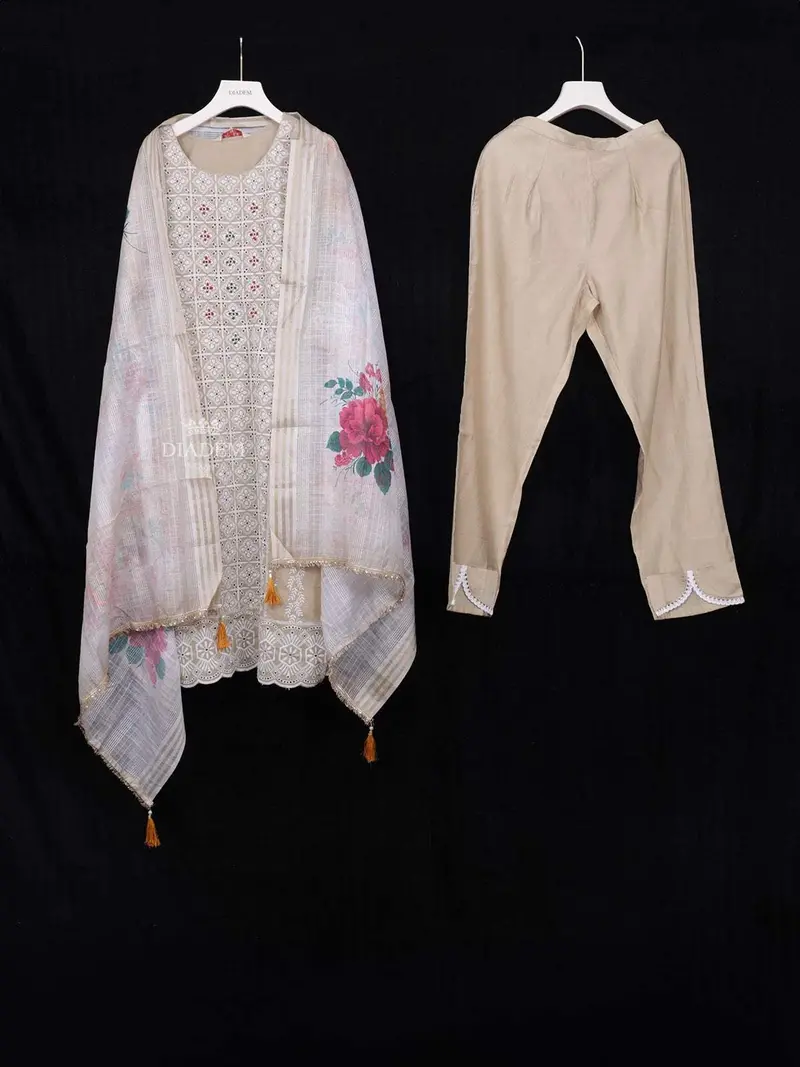 Light Brown Straight Cut Salwar Suit Adorned With Sequins And Floral Prints With Dupatta 1