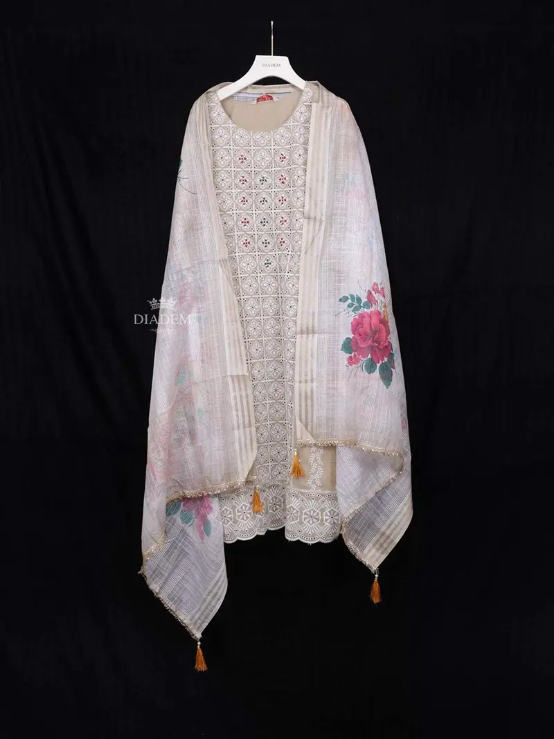 Light Brown Straight Cut Salwar Suit Adorned With Sequins And Floral Prints With Dupatta 2