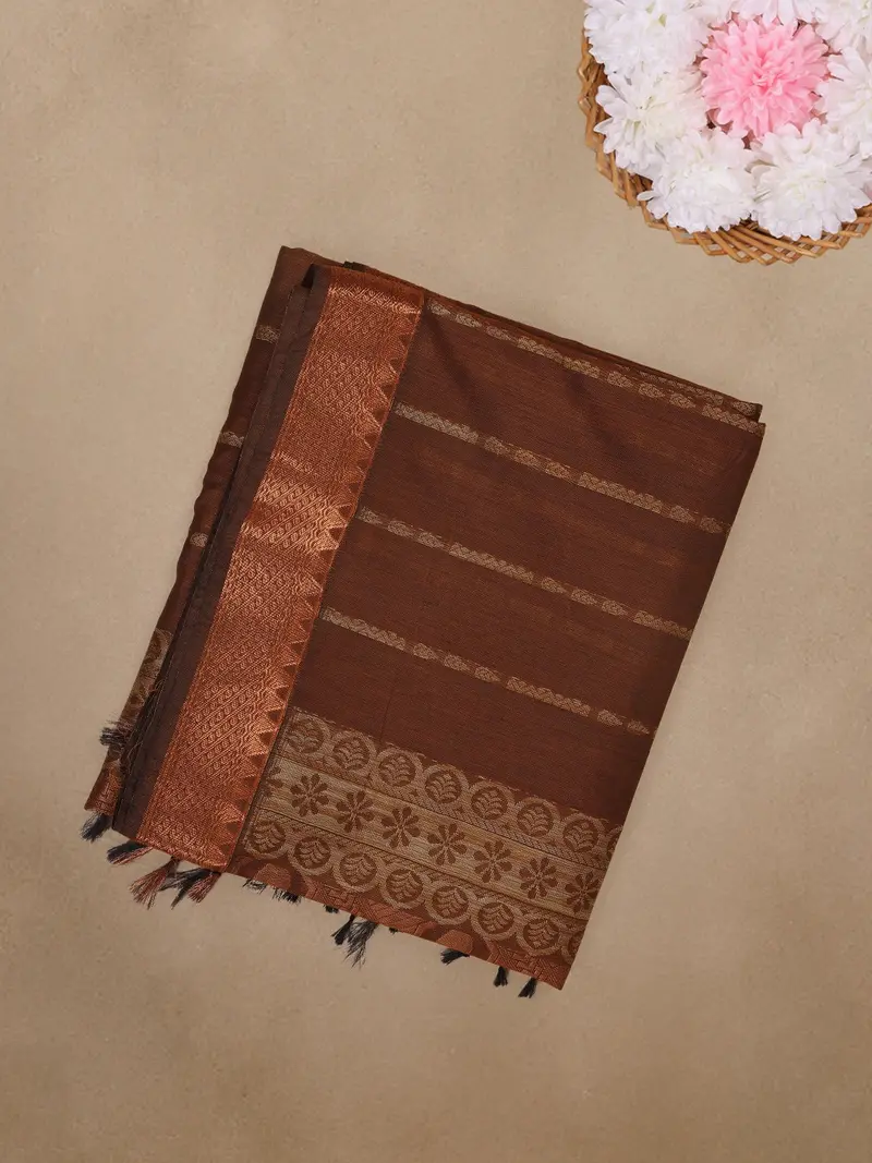 Light Brown Striped Woven Cotton Saree 1