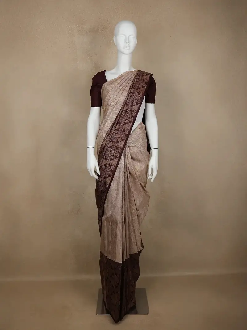 Light Brown Stripes And Floral Woven Pure Kanchipuram Silk Saree 1