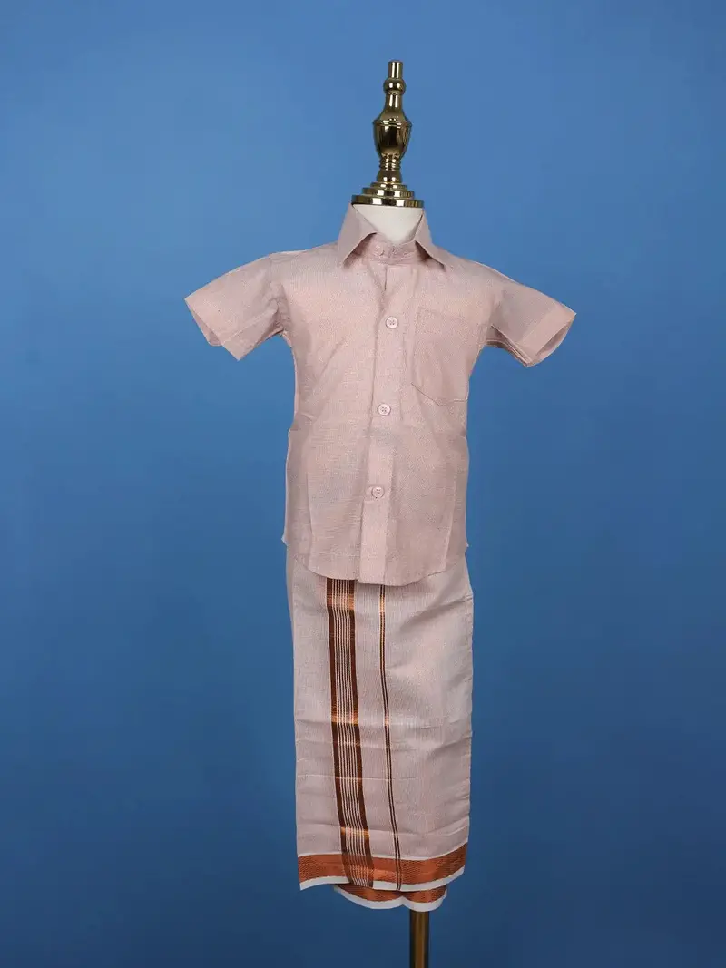 Light Copper Silk Dhoti With Matching Half Sleeve Shirt 1