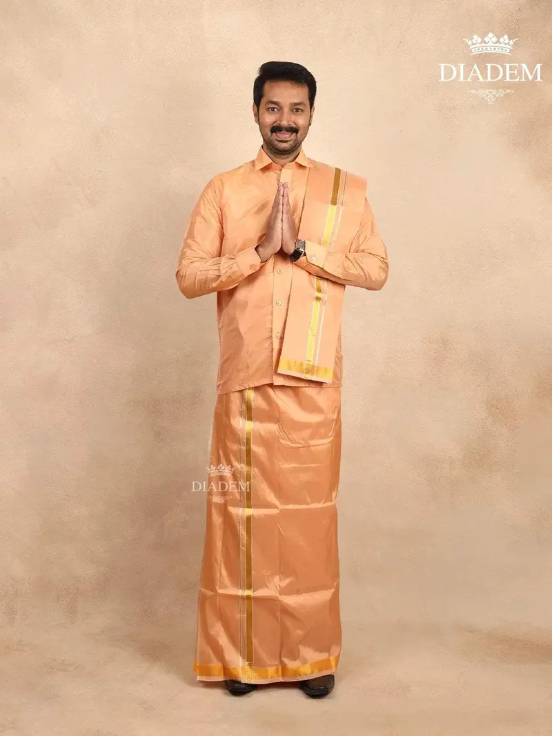 Light Copper Silk Dhoti With Shirt Paired With Towel 1