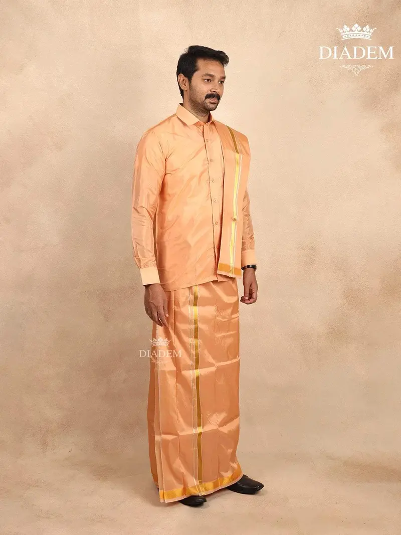 Light Copper Silk Dhoti With Shirt Paired With Towel 2