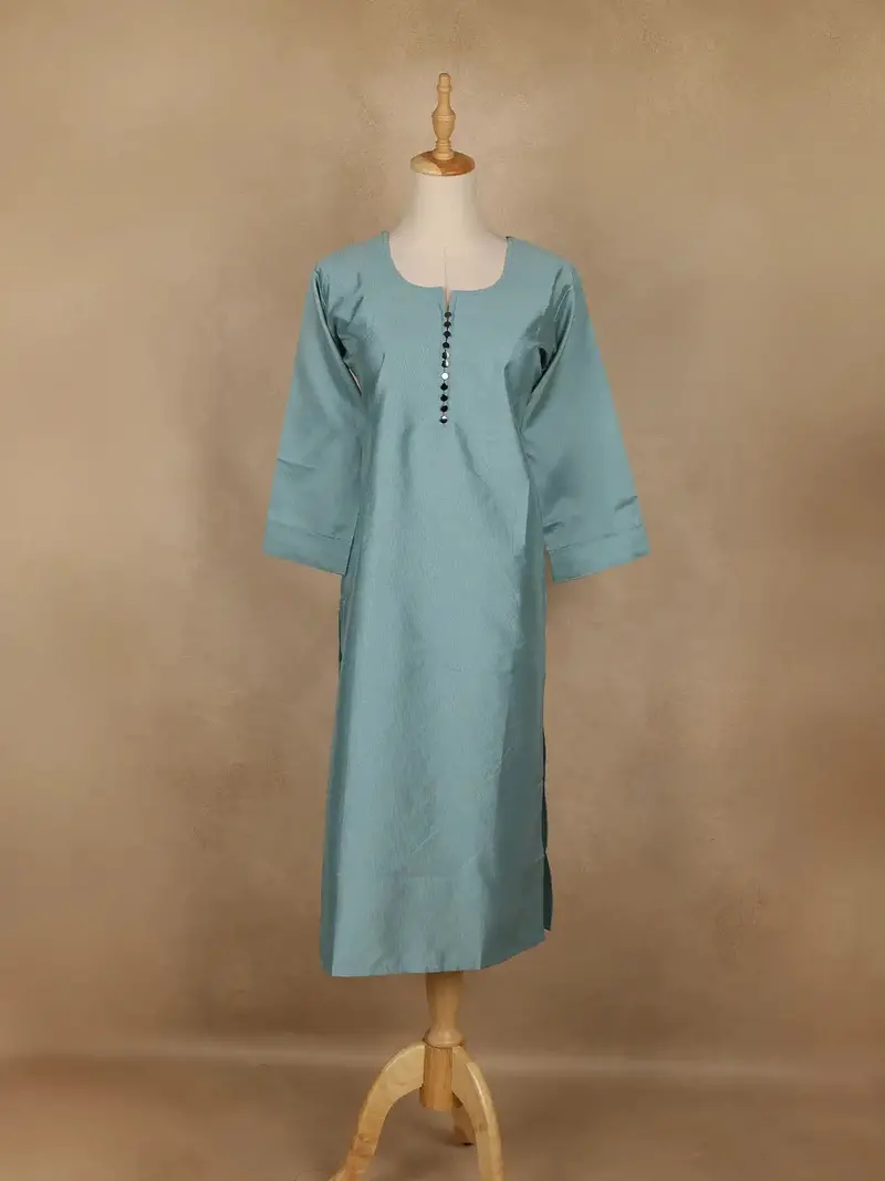 Light Cyan Blue Solid Cotton Kurti With Button Detailing 1