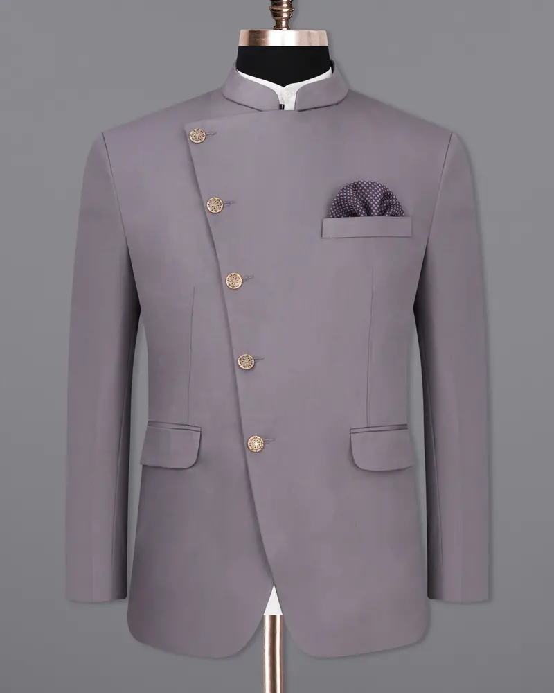 Light Gray Subtle Sheen Cross Placket Bandhgala Blazer 8