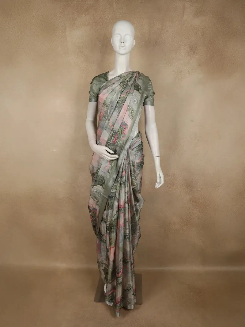 Light Green Abstract Printed Design Semi Tussar Fancy Saree 1
