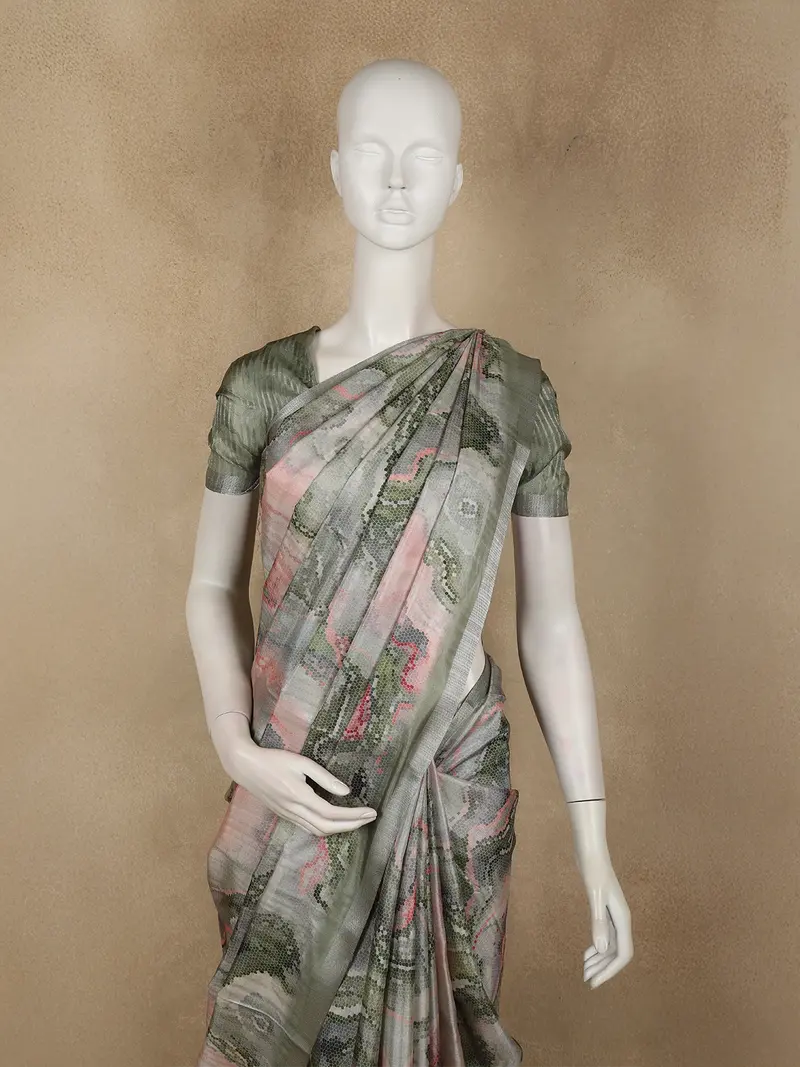 Light Green Abstract Printed Design Semi Tussar Fancy Saree 2