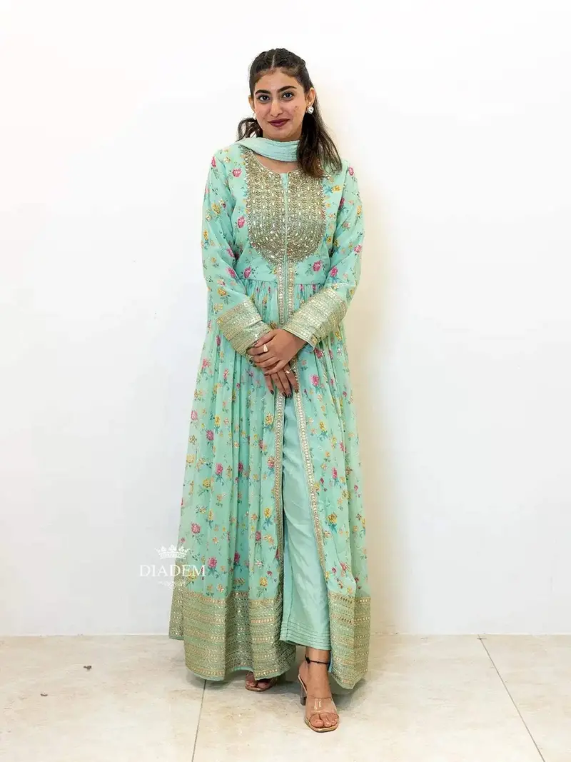 Light Green Anarkali Salwar Suit For Women Adorned With Floral Prints And Foil Work Along With Dupatta 1