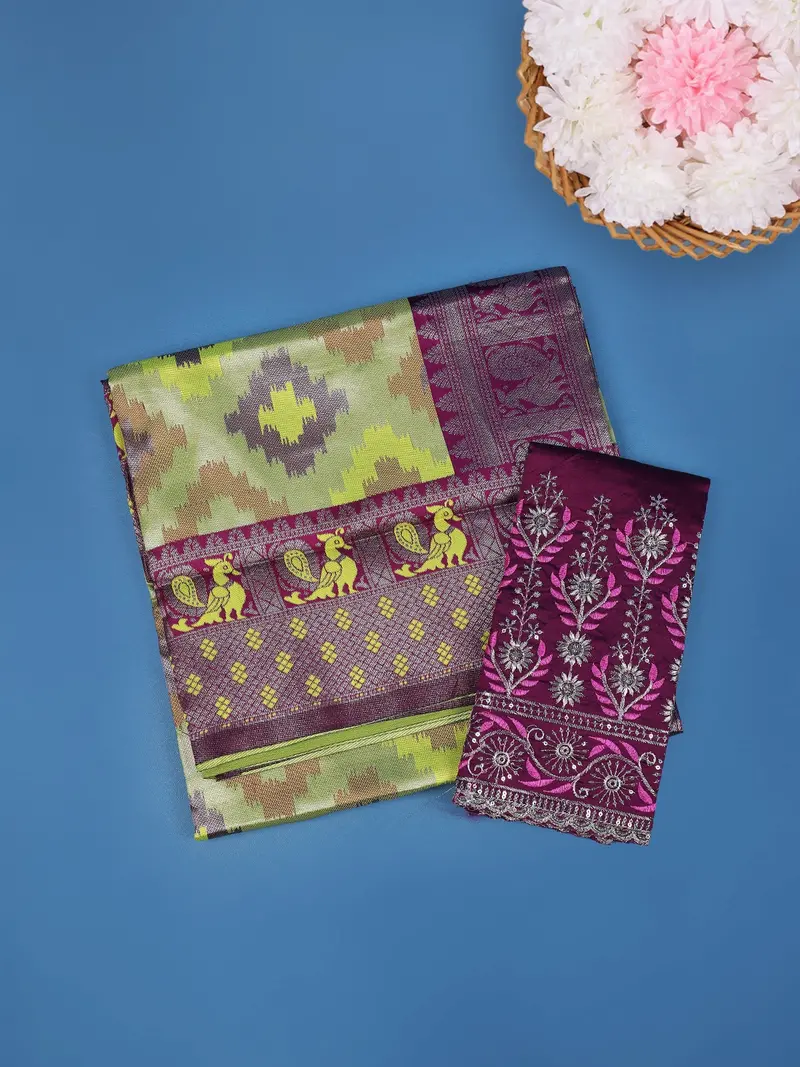 Light Green And Magenta Ikat Design Art Silk Saree With Contrast Maroon Embroidered Blouse 1