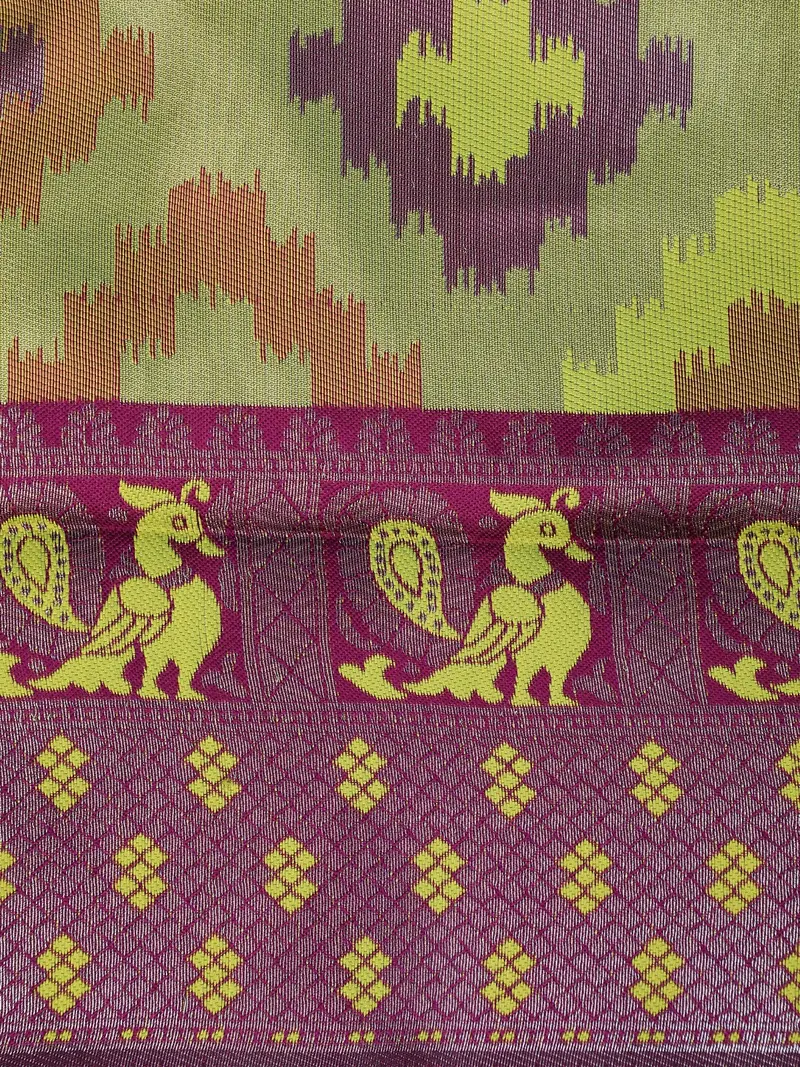 Light Green And Magenta Ikat Design Art Silk Saree With Contrast Maroon Embroidered Blouse 2