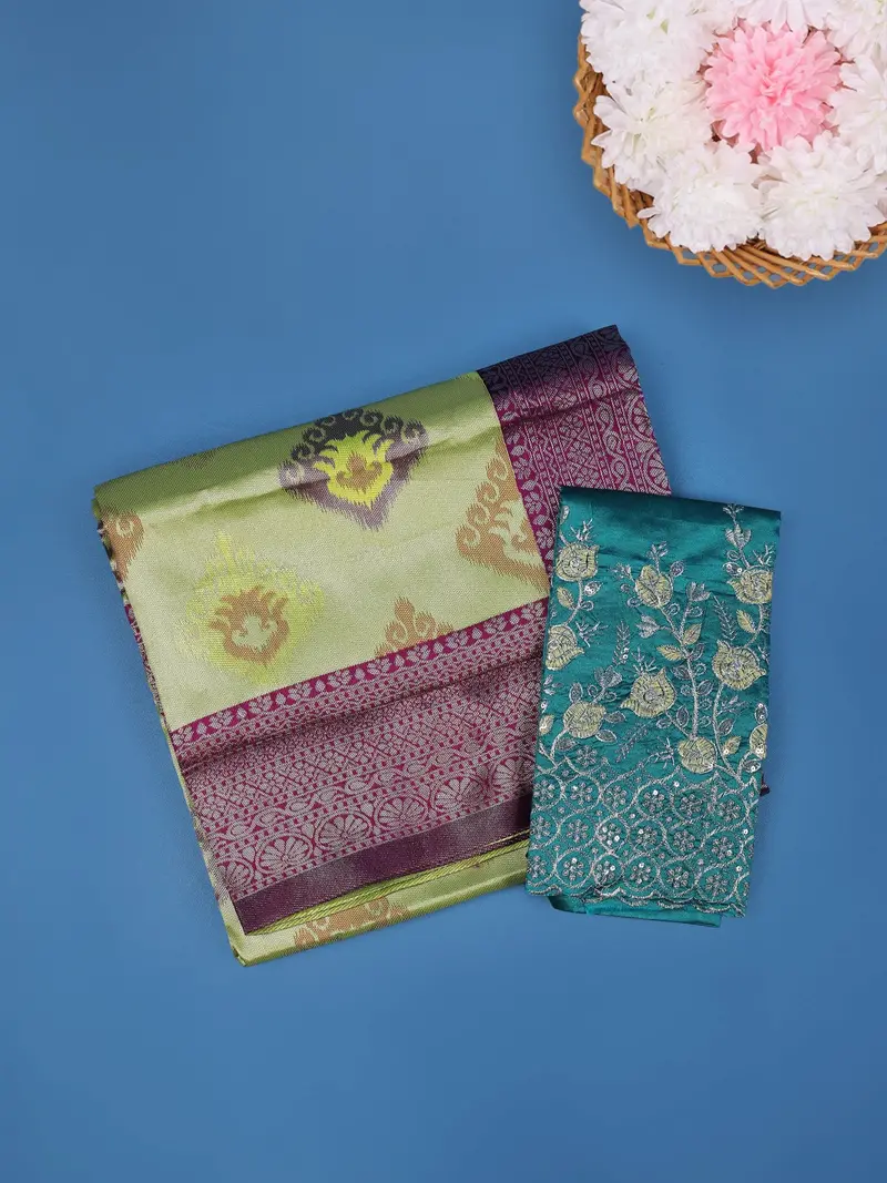 Light Green And Magenta Ikat Design Art Silk Saree With Contrast Teal Embroidered Blouse 1