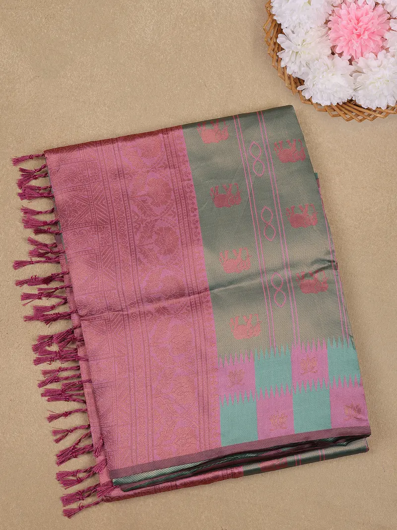 Light Green And Pink Elephant Motif Woven Art Silk Saree With Zari Border 1