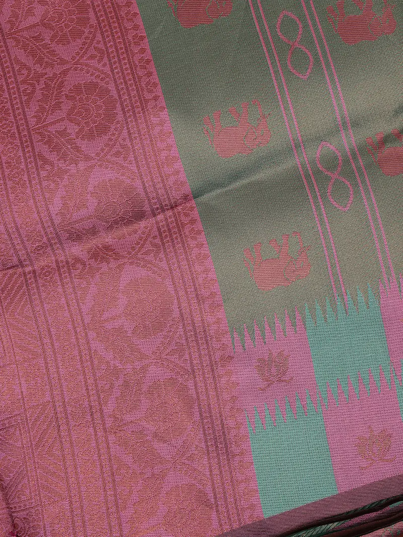 Light Green And Pink Elephant Motif Woven Art Silk Saree With Zari Border 2
