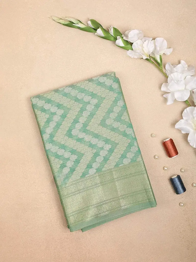 Light Green Art Silk Saree With Chevron Design On The Body With Zari Border 1
