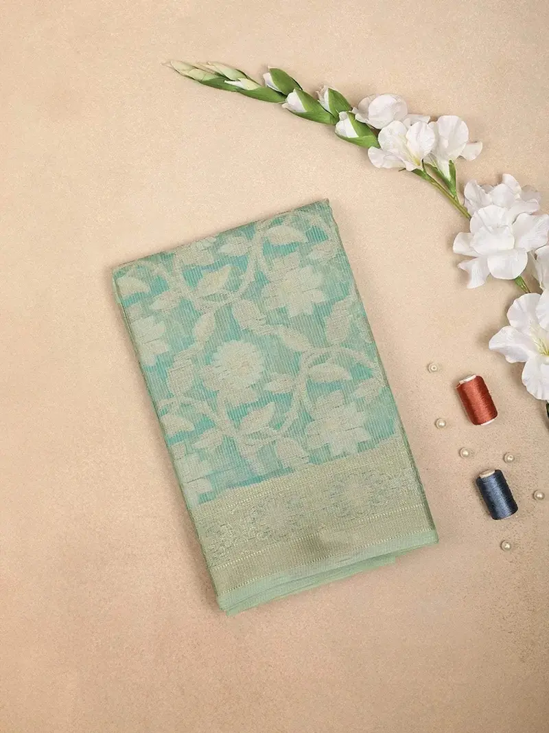 Light Green Art Silk Saree With Floral Design On The Body With Matching Border 1