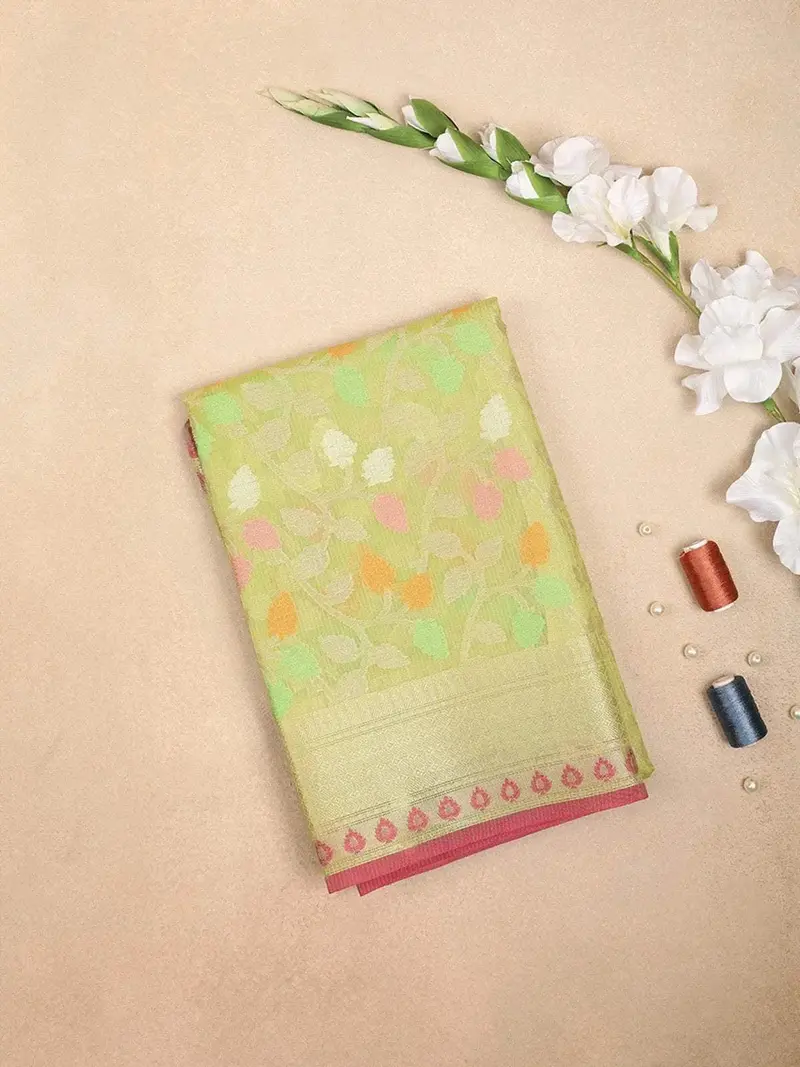 Light Green Art Silk Saree With Flower And Vines Design On The Body With Matching Border 1