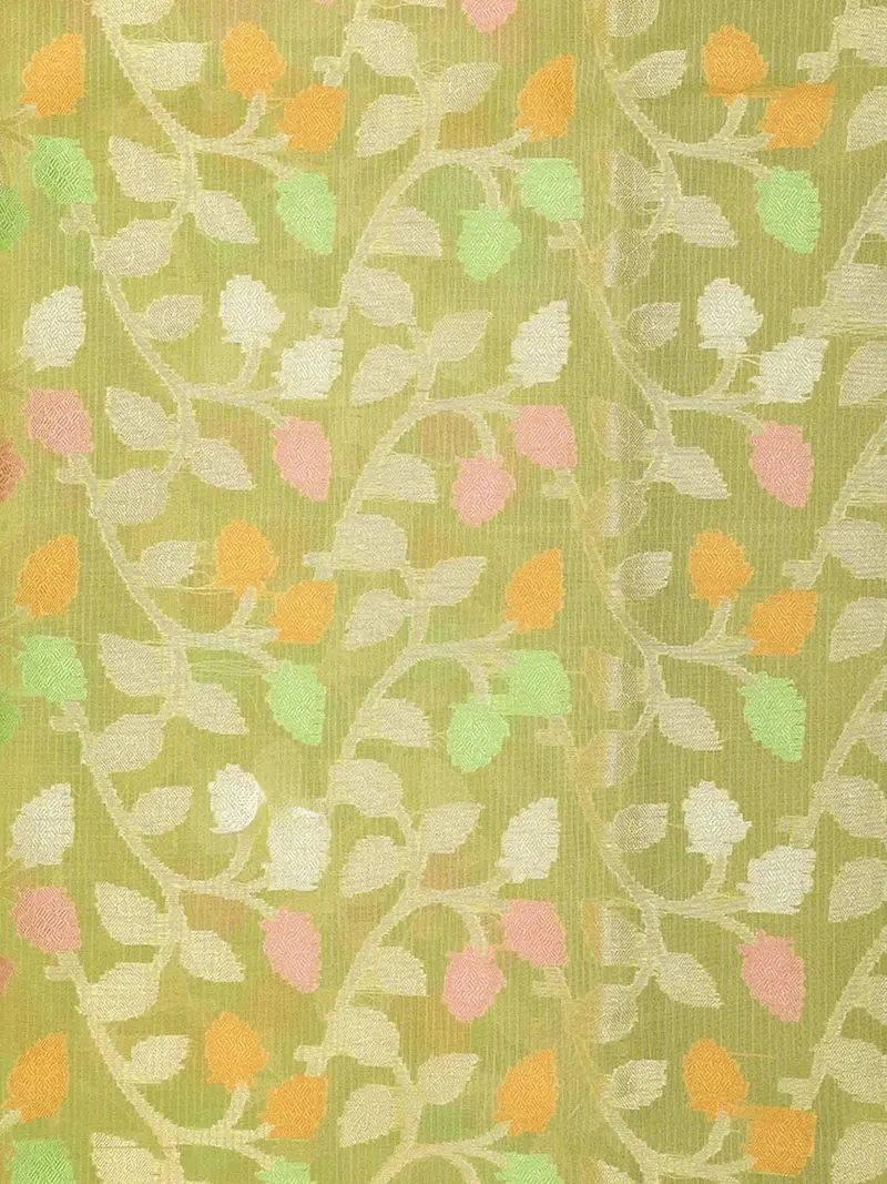 Light Green Art Silk Saree With Flower And Vines Design On The Body With Matching Border 2