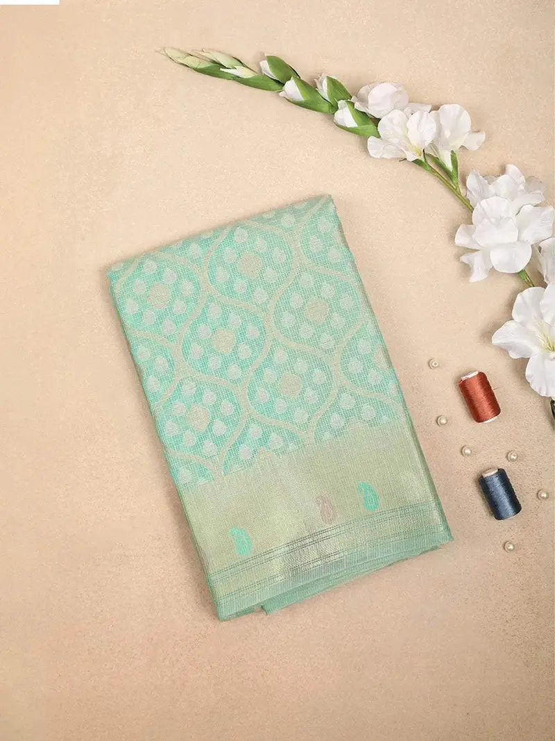 Light Green Art Silk Saree With Geometric Design On The Body With Paisley Designed Border 1