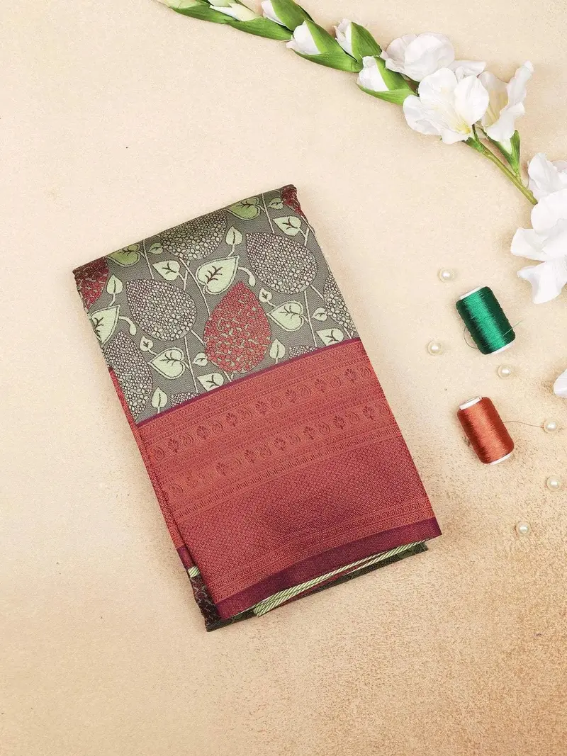 Light Green Art Silk Saree With Leaf And  Flower Jacquard Design On The Body With Designed Border 1