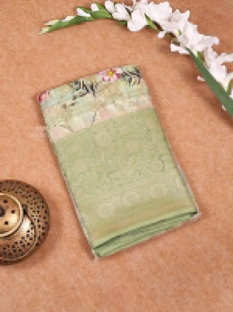 Light Green Banarasi Saree With Floral Design On The Body With Contrast Border 1