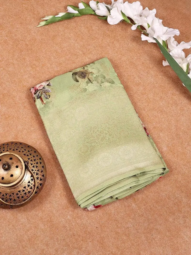 Light Green Banarasi Saree With Floral Design On The Body With Matching Border 1
