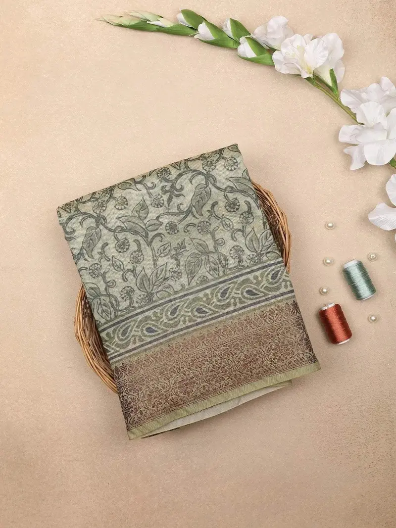 Light Green Chanderi Silk Saree With Leaf And Vines Design With Designed Border 1