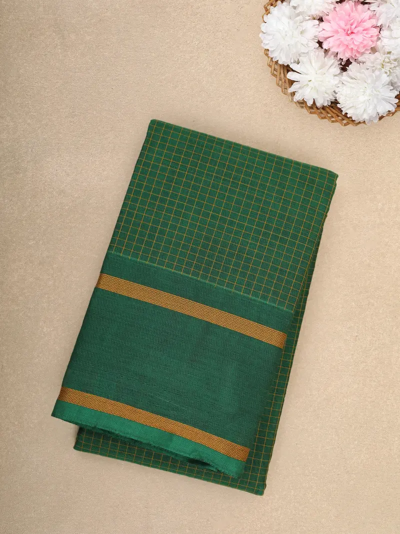 Light  Green Checked Design Cotton Saree With Green Border 1