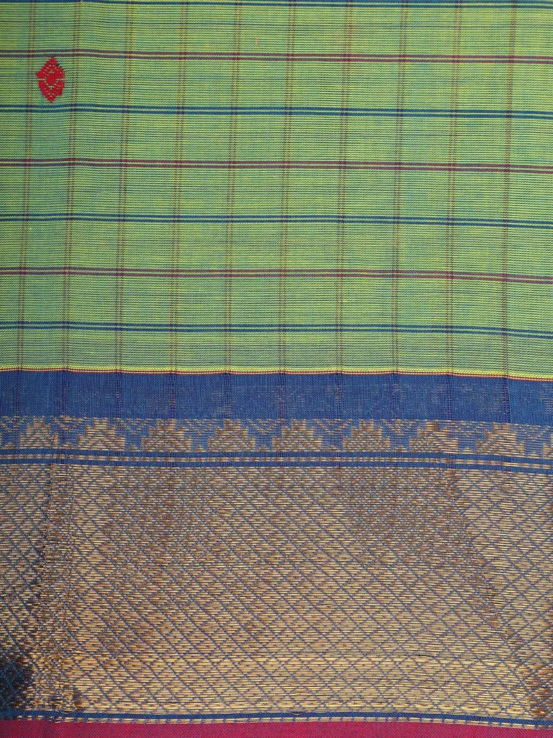 Light Green Checks Design Cotton Saree With Blue Zari Woven Border 2