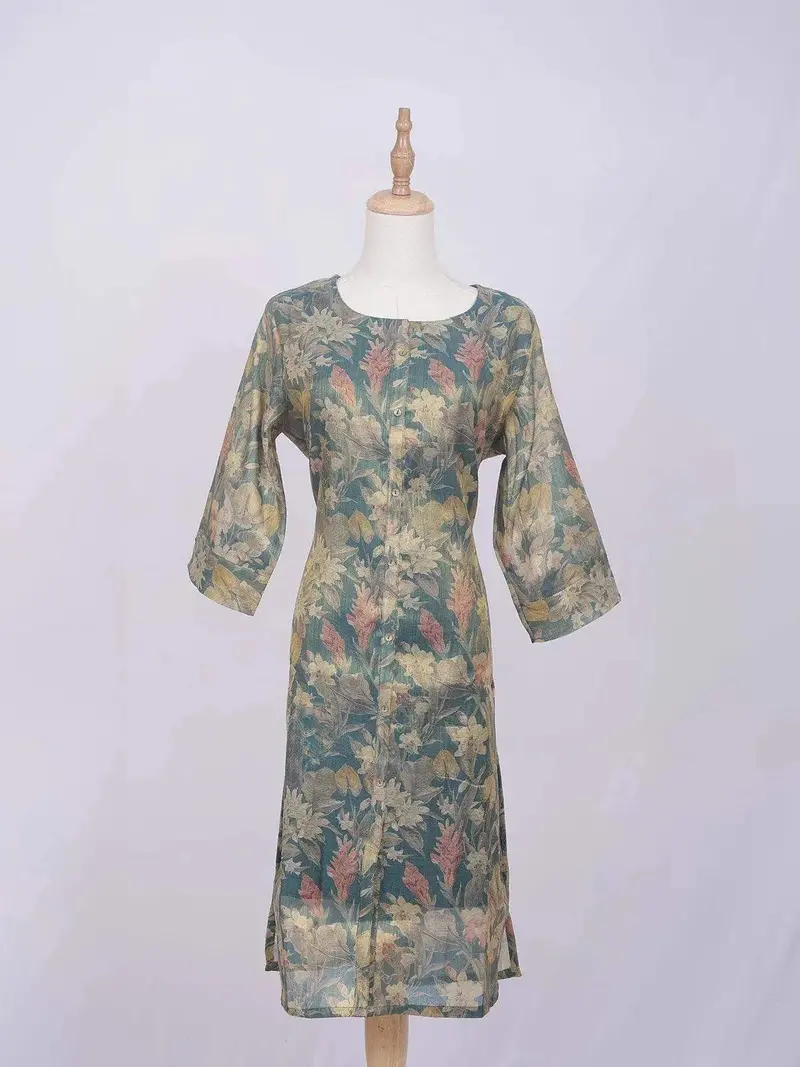 Light Green Cotton Kurti Top Adorned With Flower Design Prints Without Dupatta 1