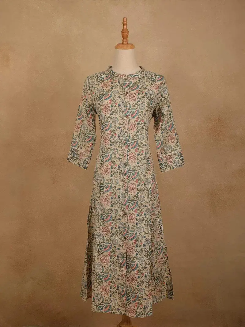 Light Green Cotton Kurti Top Adorned With Sequince Of Floral Design Prints, Without Dupatta 1