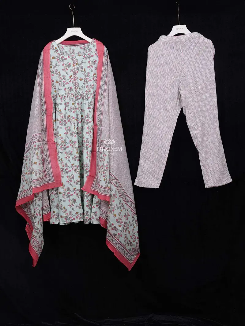 Light Green Cotton Straight Cut Salwar Suit For Girls Adorned With Floral Prints Paired With Dupatta 1