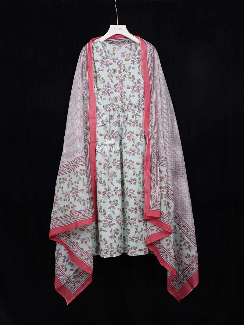 Light Green Cotton Straight Cut Salwar Suit For Girls Adorned With Floral Prints Paired With Dupatta 2