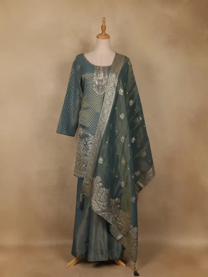 Light Green Dots Designed Banarasi Silk Palazzo Salwar Suit 1