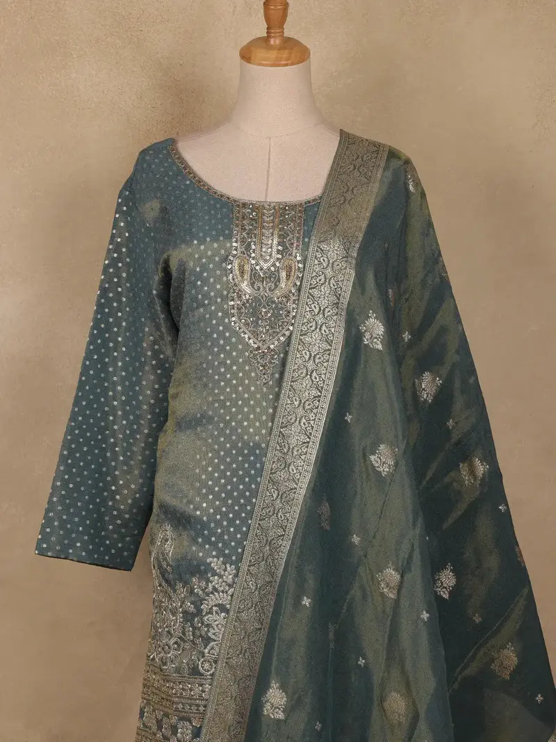 Light Green Dots Designed Banarasi Silk Palazzo Salwar Suit 2