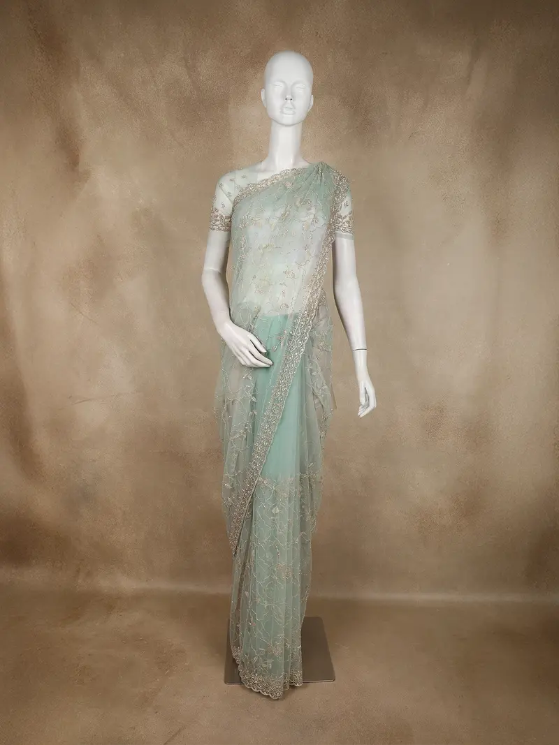 Light Green Floral Beads Embroidered Design Net Designer Saree 1