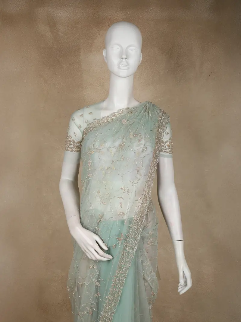 Light Green Floral Beads Embroidered Design Net Designer Saree 2