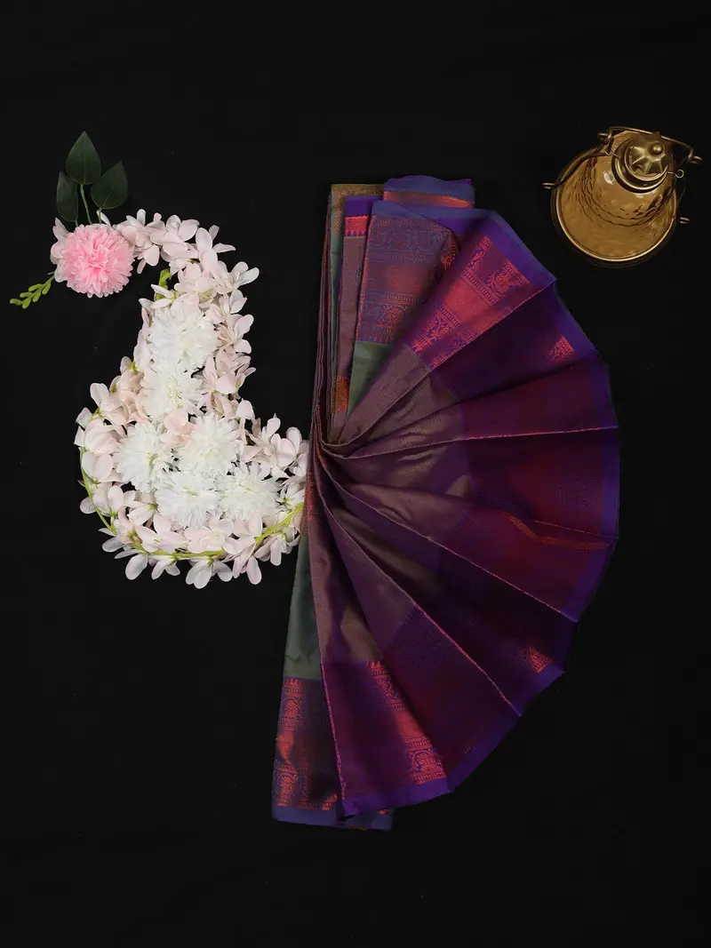 Light Green Floral Butta Design Soft Silk Saree With Contrast Lavender Border 1