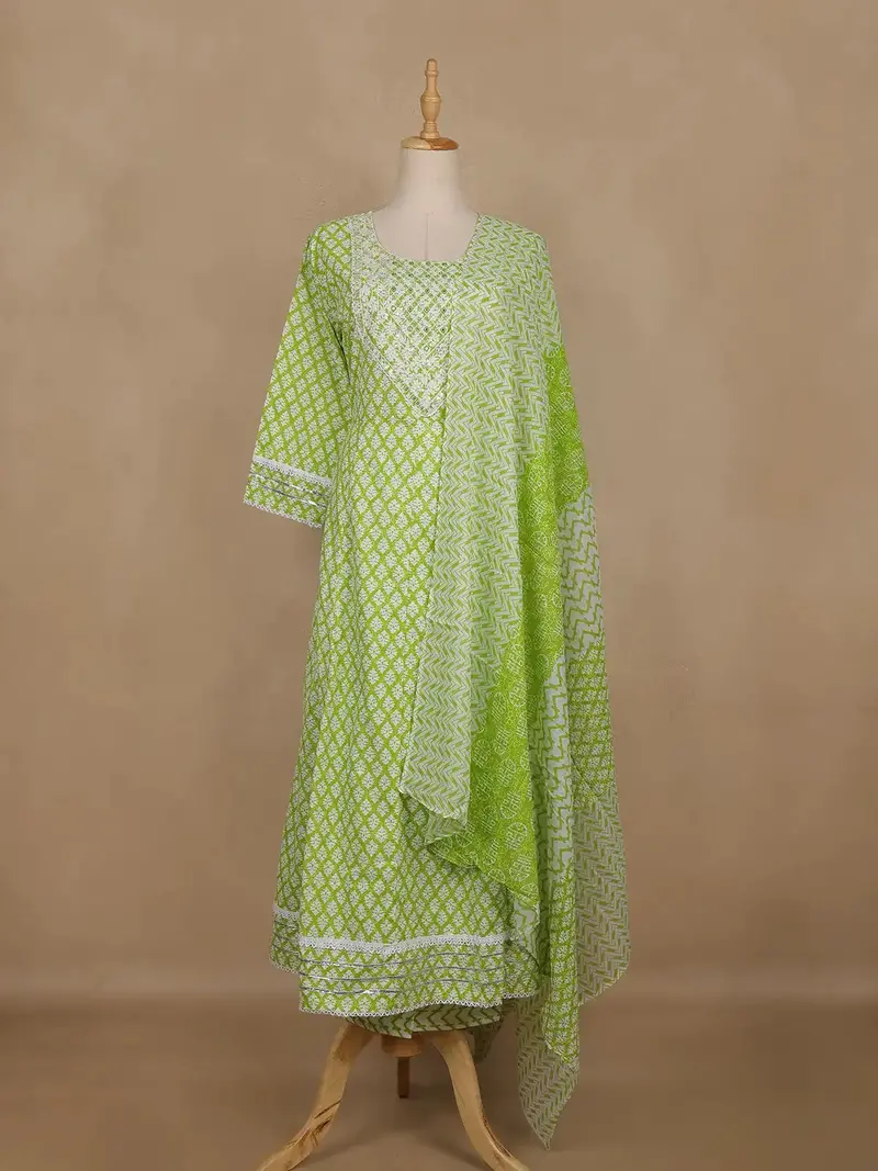 Light Green Floral Design Cotton Salwar Suit With Dupatta 1