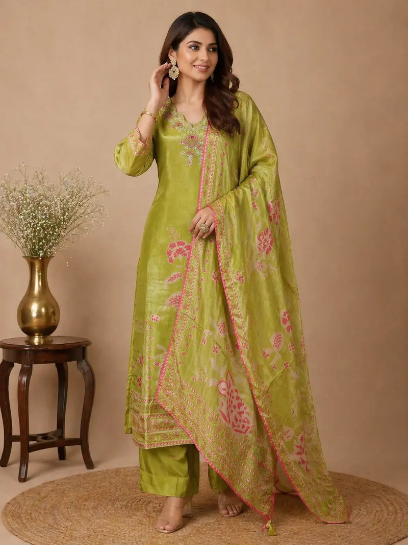 Light Green Floral Design Organza Salwar Suit 1