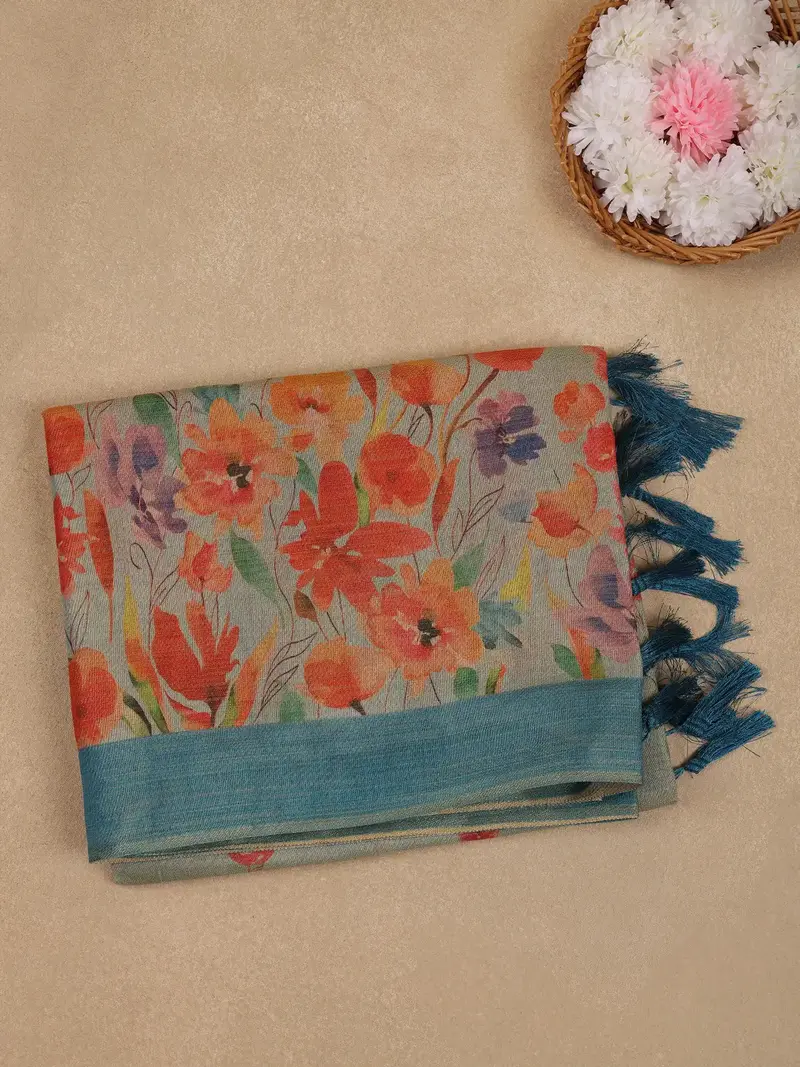 Light Green Floral Design Semi Tussar Saree 1