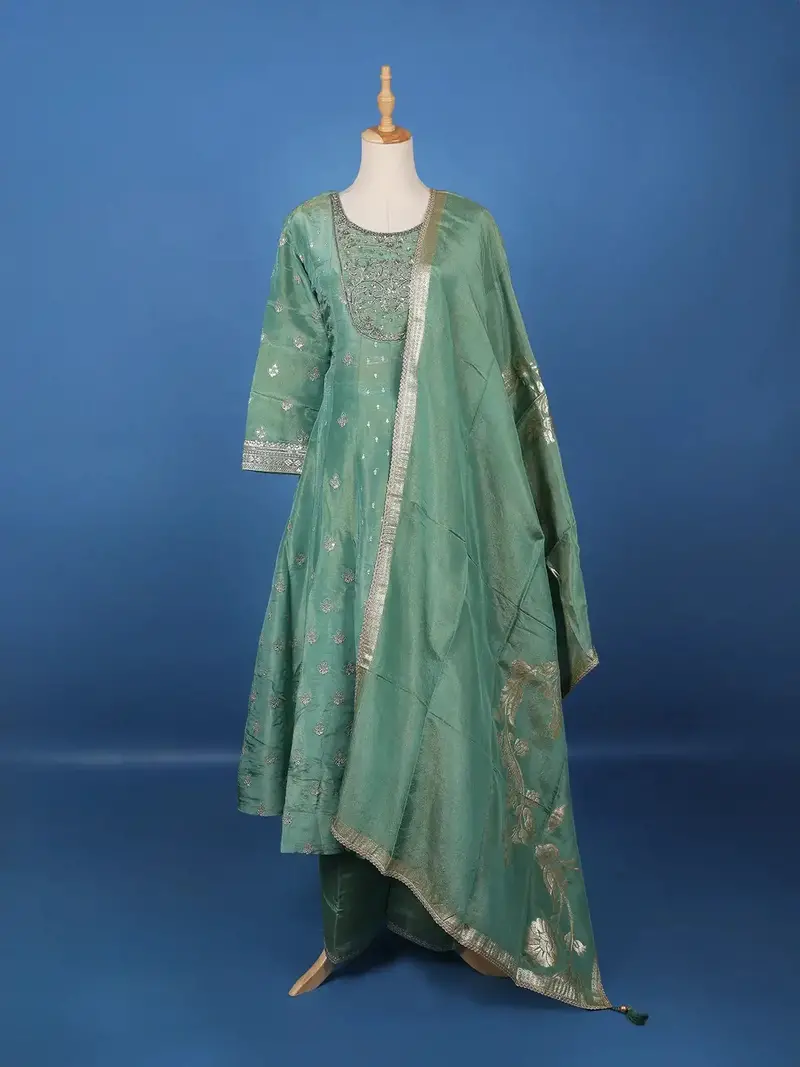 Light Green Floral Design Silk Palazzo Suit 1