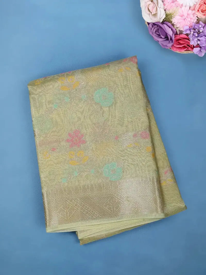Light Green Floral Design Tissue Silk Saree 1