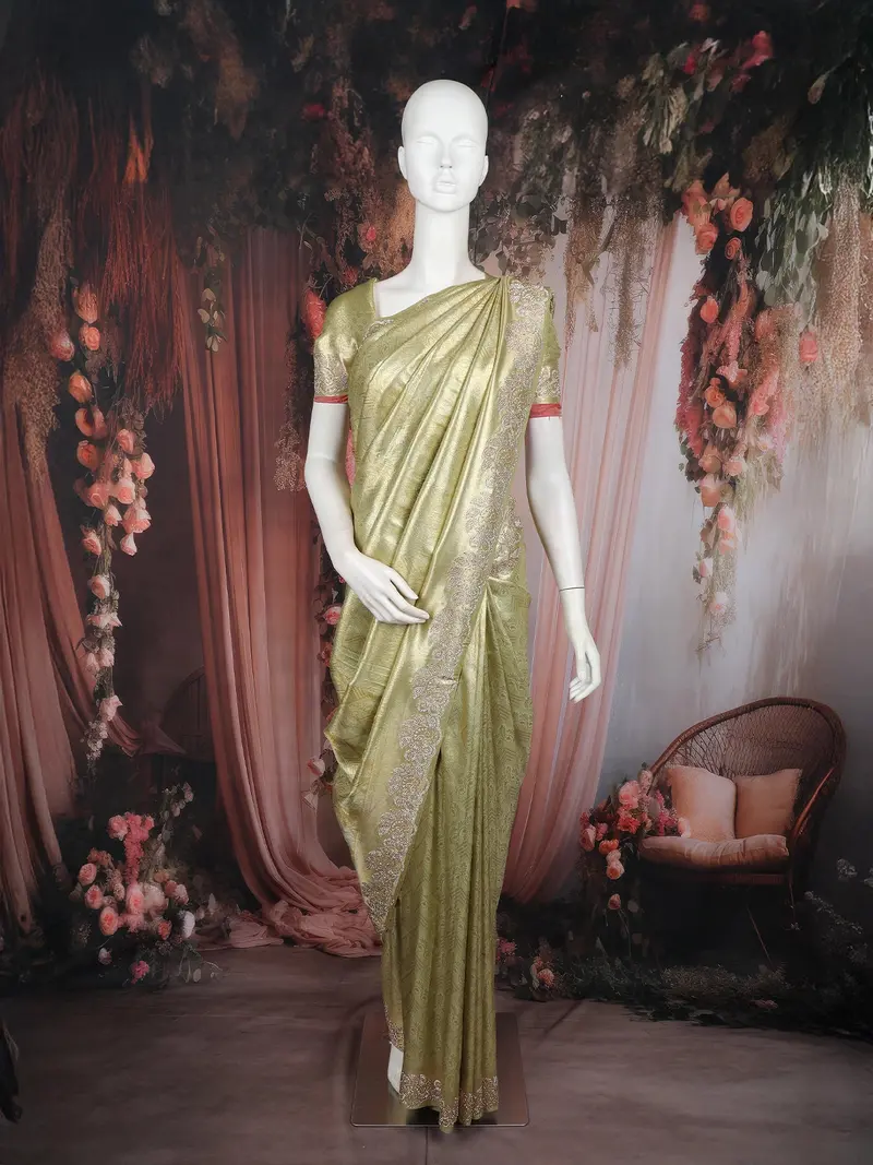 Light Green  Floral Design  Woven Soft Tissue Saree With Designer Border 1