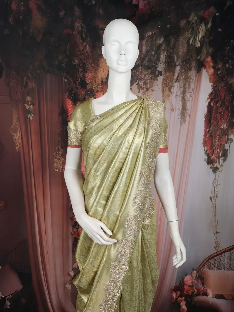 Light Green Floral Design Woven Soft Tissue Saree With Designer Border 2