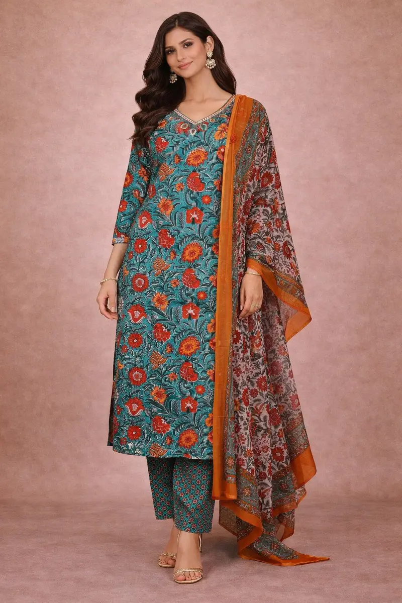 Light Green Floral Designed Cotton Salwar Suit 1