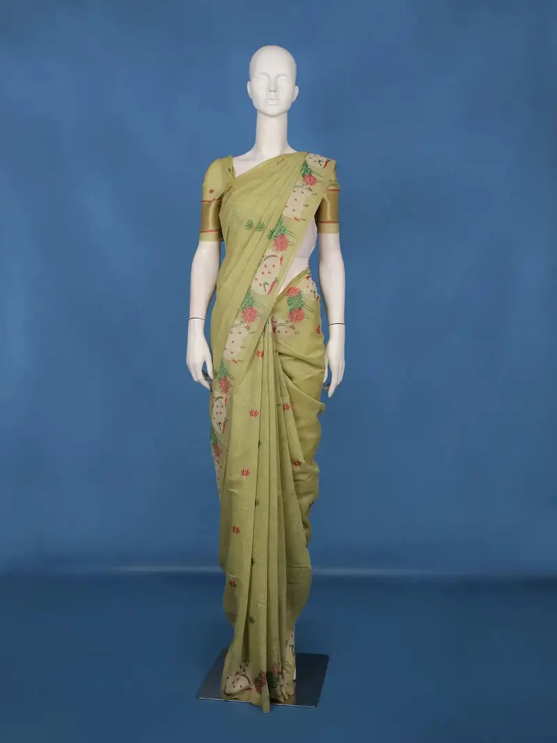 Light Green Floral Embroidered Design Pure Cotton Saree 1